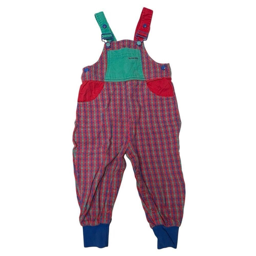 Vintage Gymboree Color Block Overalls Size S Plaid Cotton Rainbow Tag